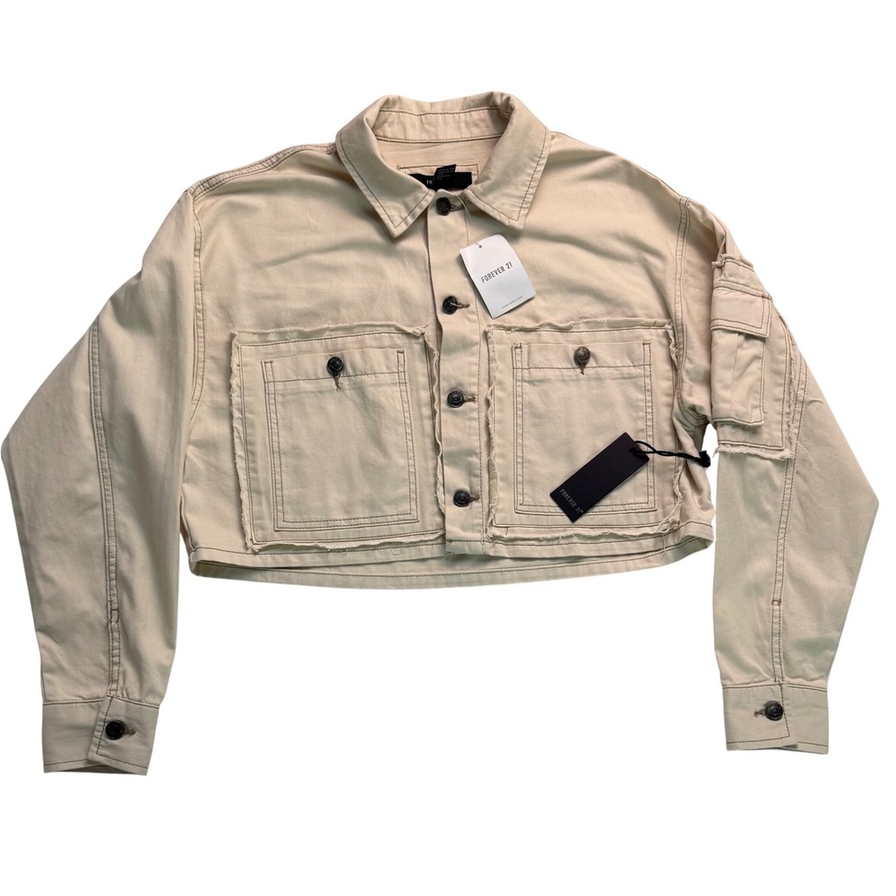 Forever 21 Womens Cropped Trucker Jacket Cream Cotton Utility Cargo M NWT